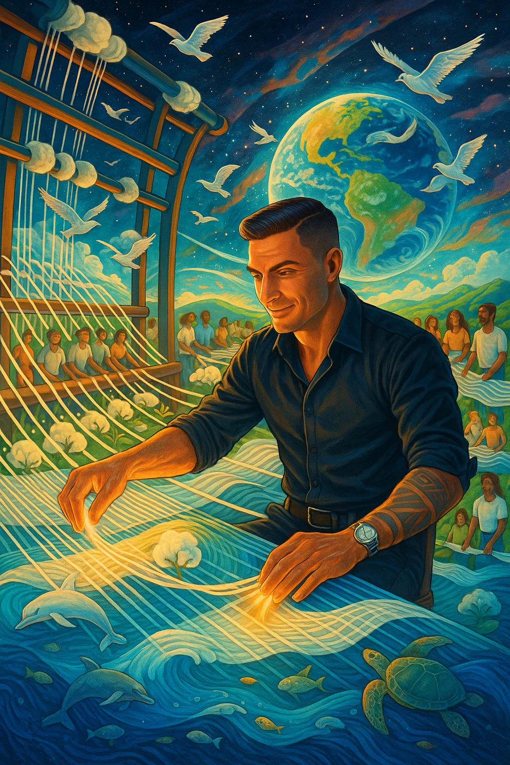 Uomo del 2030 al telaio gigante cosmico che tesse il destino del pianeta con fili di cotone stellare, ogni fibra naturale che intreccia ripara una parte dell'ecosistema terrestre, dita che brillano mentre guidano i fili di cotone attraverso dimensioni parallele, tessuto che si estende dall'atmosfera fino alle profondità marine, creature marine che nuotano attraverso le onde del tessuto acquatico, uccelli che volano seguendo i pattern del tessuto aereo, humanity unita che indossa vestiti di cotone e partecipa alla grande tessitura collettiva della salvezza planetaria emoji