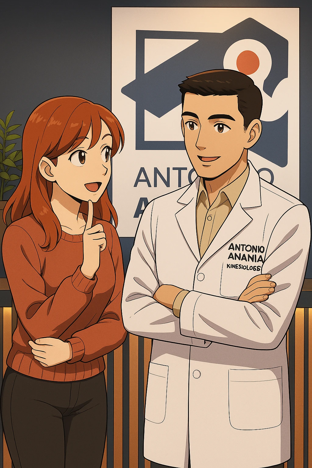 su questo stile fai un manga/webtoon a colori in cui una donna incuriosita fa una DOMANDA ALL'UOMO, l'uomo della foto in stile manga LE risponde, mantieni un ambiente simile alla foto che ho allegato con il suo logo (sarebbe il suo studio, lui è un kinesiologo), scrivigli "ANTONIO ANANIA" sul camice bianco, non mettere fumetti, ma fai in modo che sembri che la donna CHIEDA curiosa E L'UOMO le risponda emoji