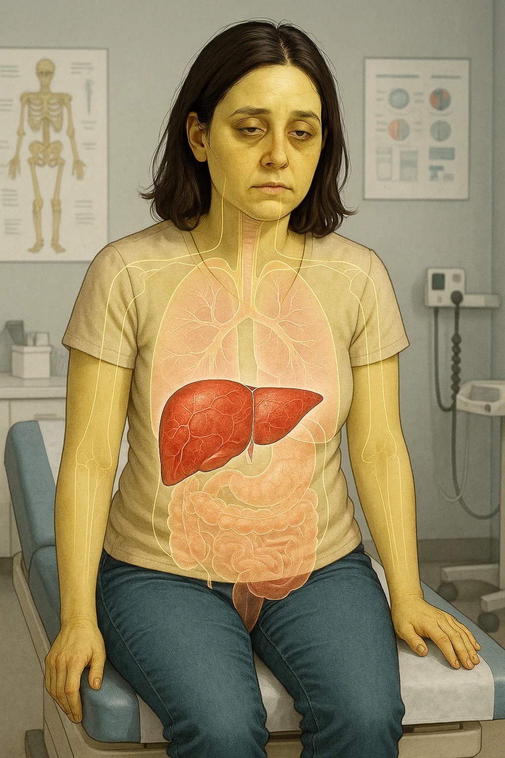 a woman in her 30s sits on a doctor’s examination table, her skin slightly yellowish (jaundice) and her expression tired. A transparent anatomical overlay highlights her liver, which appears enlarged and inflamed with a reddish, congested look. Subtle visual cues—such as dark circles under her eyes and a bloated abdomen—emphasize the symptoms of liver overload and toxicity. The background is a clinical setting, with medical charts and equipment. emoji