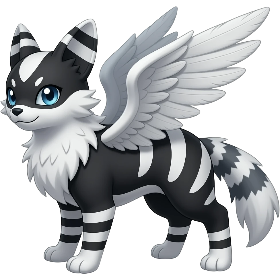 Black grey pearly silvery white albino melanistic Purrloin-Minccino-Emolga-fusion (full body) with vertical white stripes running down the whole body emoji