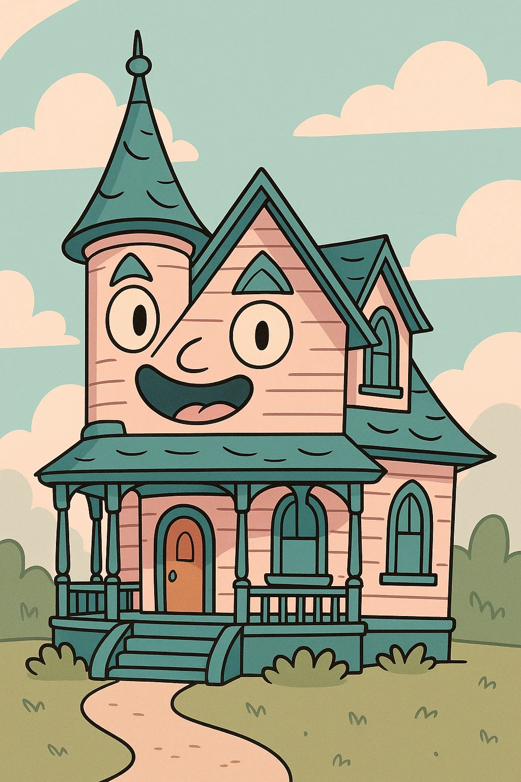 a victorian house, simplified shapes, pastel colors, flat cartoon style emoji