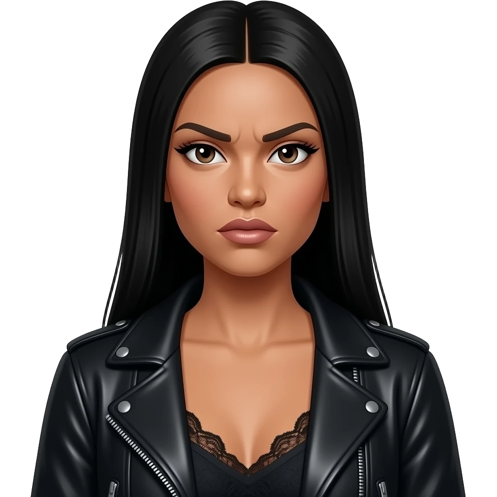 Beyaz tenli yani ten rengi çok açık olsunsiyah uzun düz  saçlı hafif çekik gözlü kahverengi gözlü uzun kirpikli ince seyrek kaşlı üzerinde siyah dantelli kıyafet var üstünde deri ceket dudakları kalın büyük ve düz olsun soğuk tonlarda makyaj olsun yüzünde pürüzsüz bir cildi olsun kızgın baksın emoji