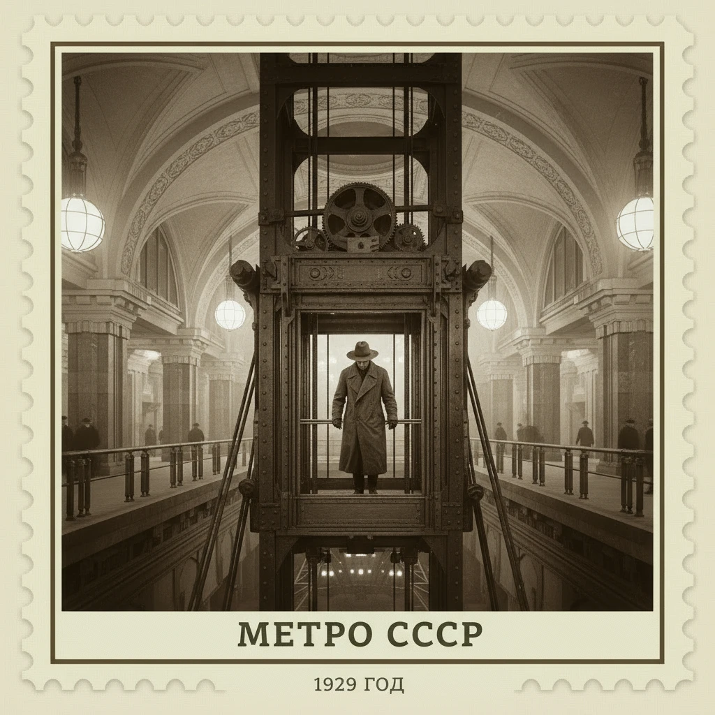 Человек в шляпе спускается в огромном лифте в метро. СССР 1920 годы

Стилизуй изображение под марку как на фото emoji