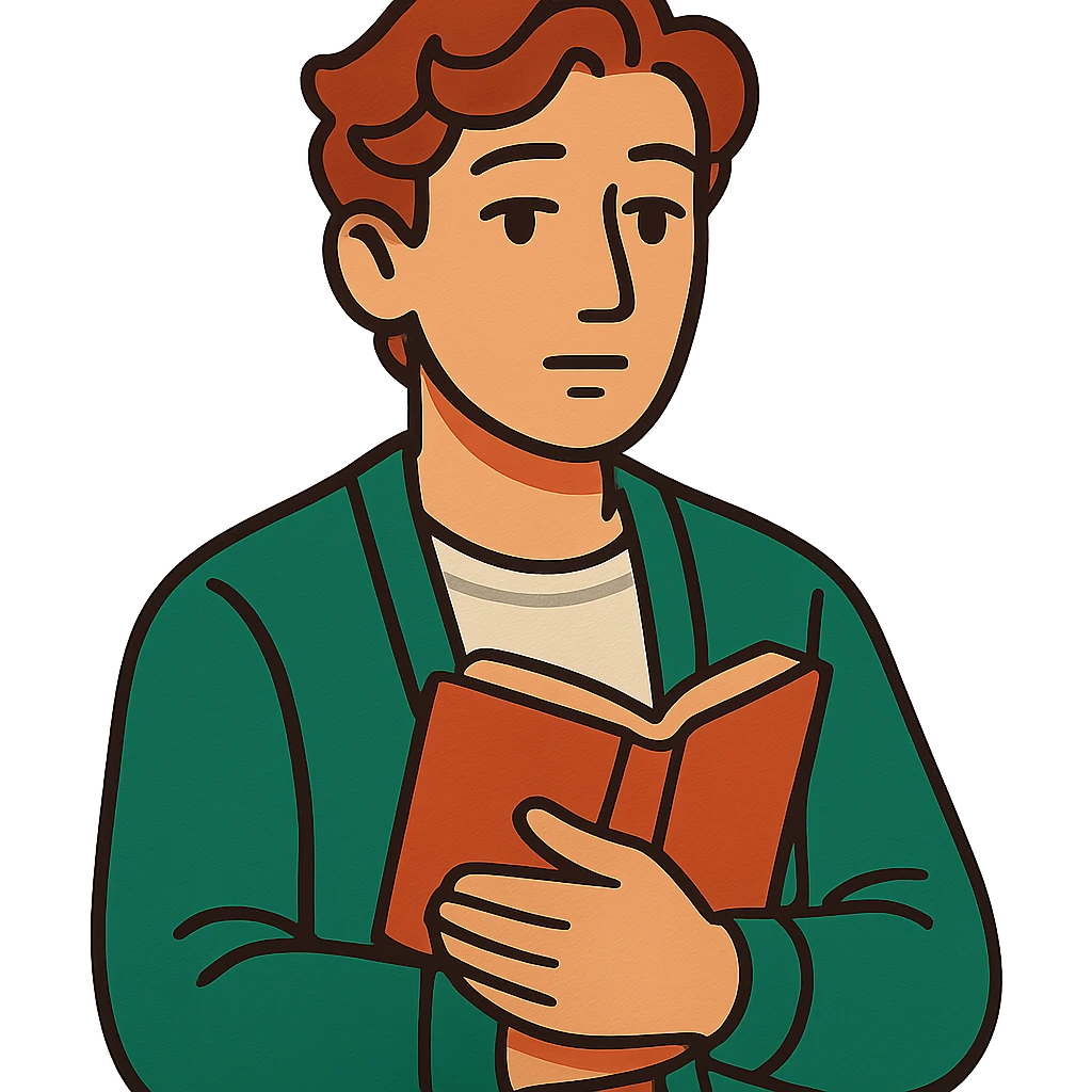 Calm and thoughtful male confidant, fair skin, soft wavy brown hair, gentle eyes, wearing a green cardigan over a light shirt, holding an open journal close to chest, waist-up, front-facing, pure background emoji