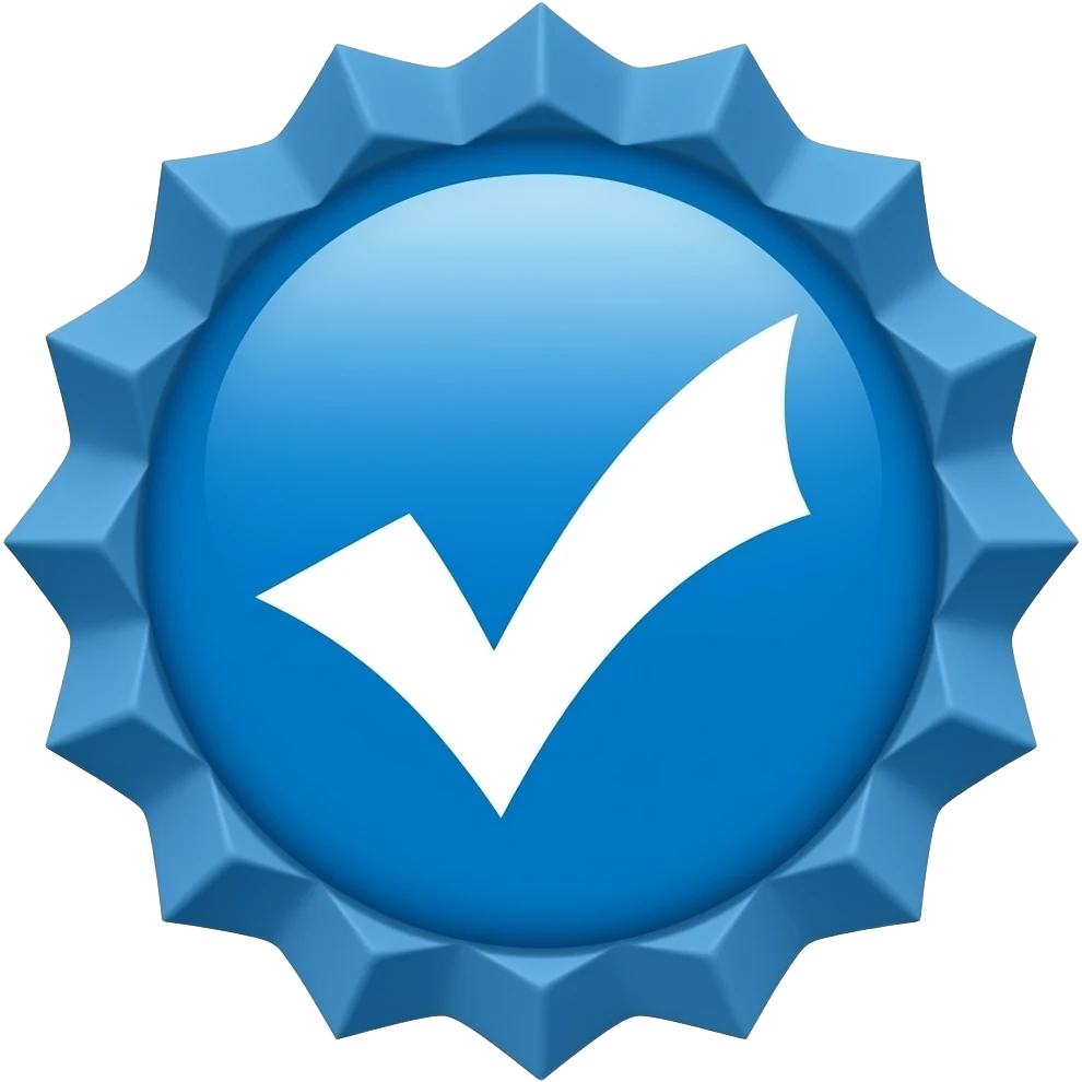 A bright blue, rounded star-shaped badge (like a seal or rosette) In the center, there’s a white checkmark (✔) tilted slightly upward The edges are soft and slightly blurred, giving it that smooth, official look emoji