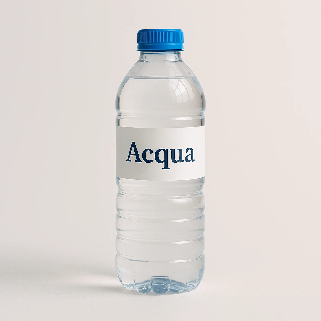 photo realistic water bottle on light background with the word 'Acqua' in Italian emoji