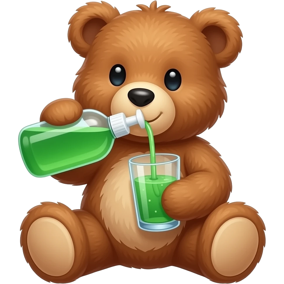 teddy bear drinking dish soap out of a glass. green emoji