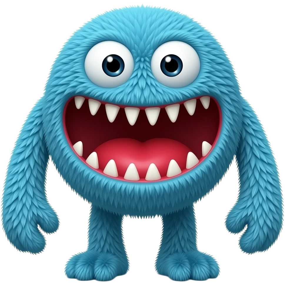 Monstro azul peludo com braços e pernas longos, boca vermelha gigante, dentes afiados, grandes e estilo emoji assustador inspirado no Huggy Wuggy emoji