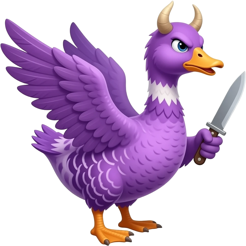 A simple. 2d goose emoji that is like the purple 😈 and is angry smirking and is whole voilet colour dont forget it has to be a side view and horns andwings up like it is chasing something with a knife emoji