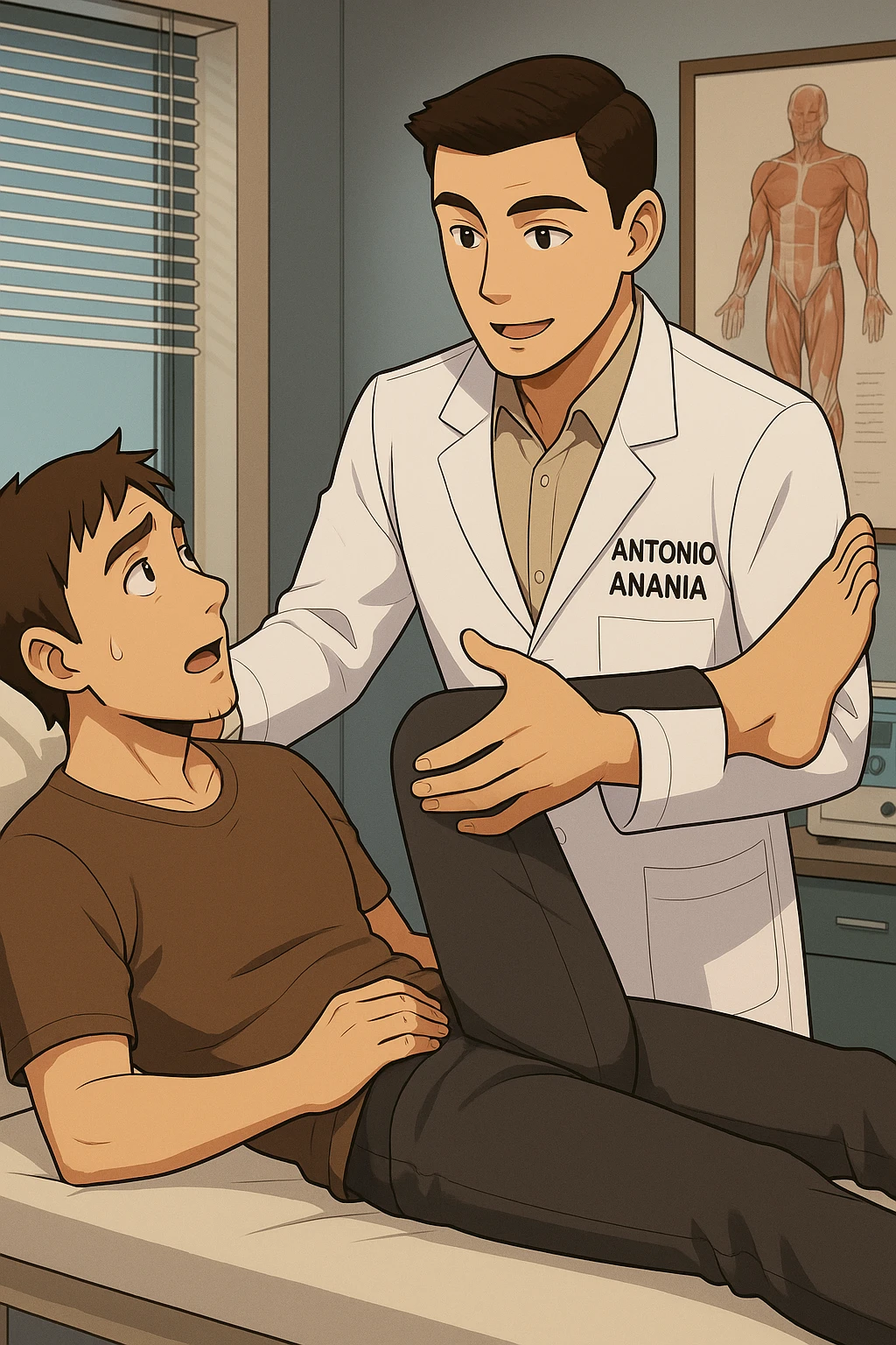 fai un webtoon manga a colori con questo stile, in cui un uomo è steso sul lettino medico e il kinesiologo con il camice bianco (fagli anche la scritta "ANTONIO ANANIA" SUL CAMICE, gli solleva una gamba per fargli il test neuromuscolare, IL KINESIOLOGO SPIEGA ALL'UOMO UNA cosa mentre gli alza la gamba. non fare i fumetti però, fai solo in modo che sembri stiano parlando emoji