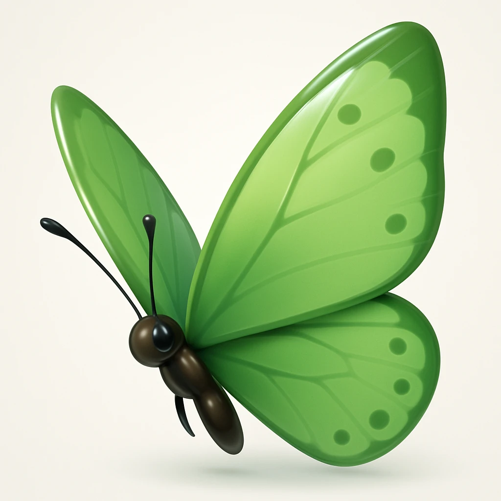 Create a variant of a green moth in 3D iOS style with brighter wing color, volume, glossy shine, soft shadows, light background, modern minimalism. emoji