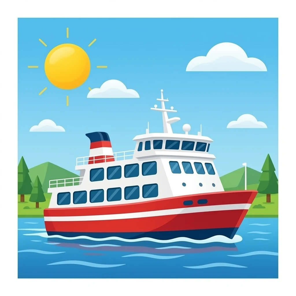 Ferry rouge et blanc avec des vitres vers le haut du bateau emoji