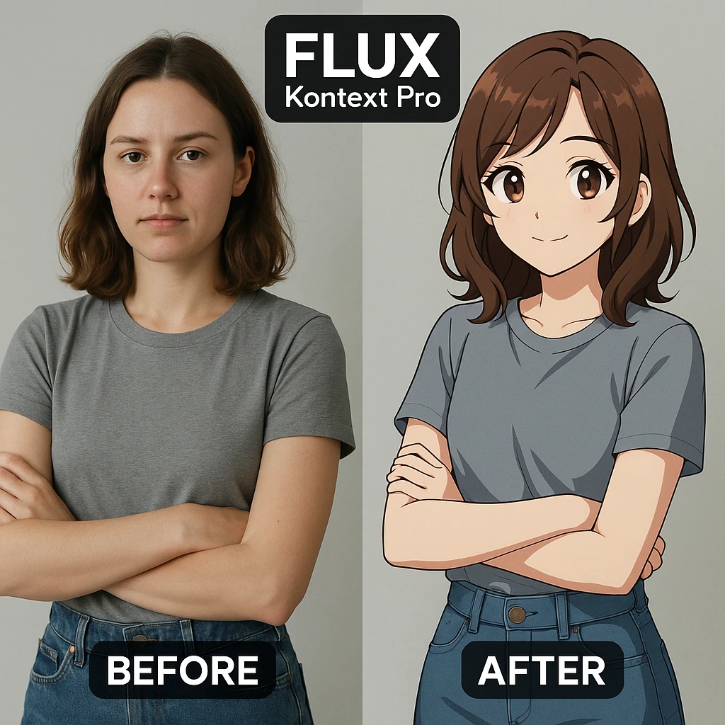 create before after image of a girl before is realsitic photo, after is anime version of her in same pose and clothes, add logo with text of a "FLUX Kontext Pro" emoji