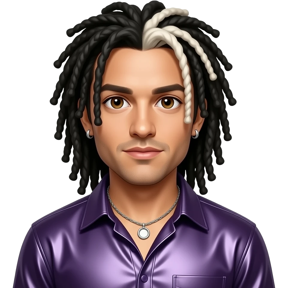 Chris Kirkpatrick from NSYNC with brown eyes, black 90s dreads with white-blonde highlights, dark purple metallic shirt, necklace and earrings emoji