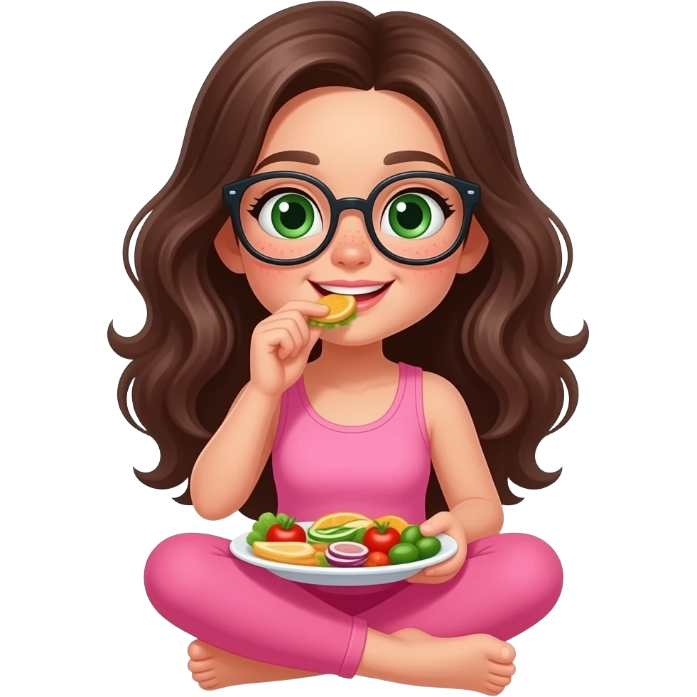 young girl in the style of iphone emoji people, fair skin, green eyes, glasses, freckles,long dark brown wavy hair, pink tank top and pink leggings, eats healthy food emoji
