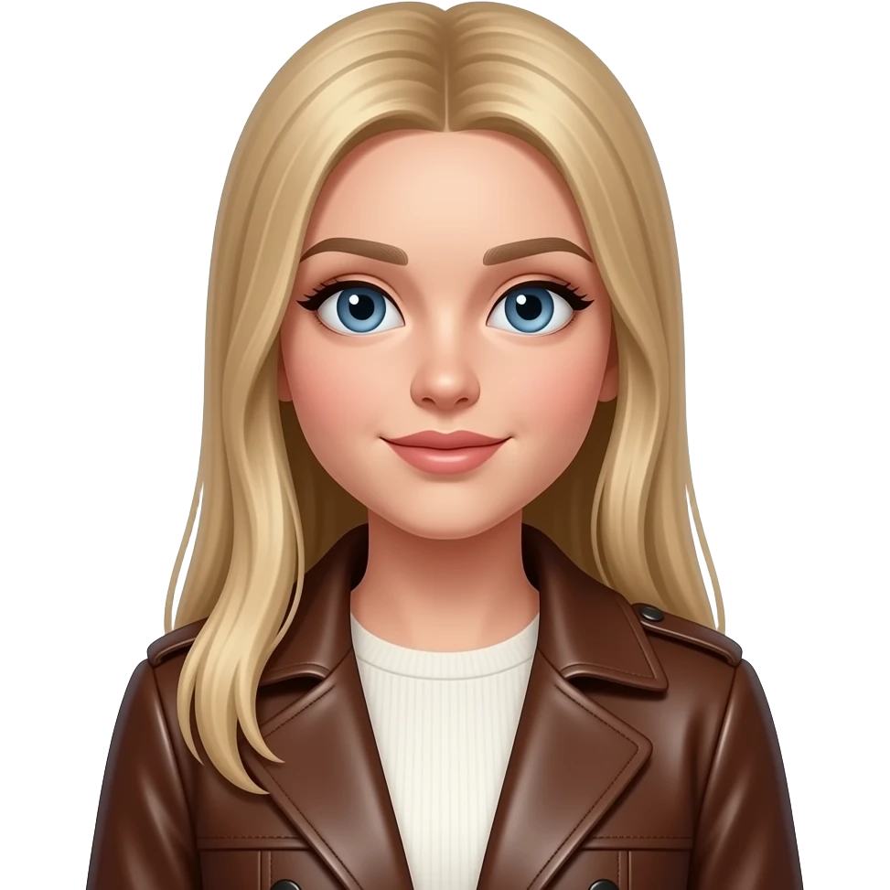 fille cheveux blonds 18 ans, yeux bleus, cheveux longs lissés ,maquillage, botox, manteau en cuir brun élégant emoji