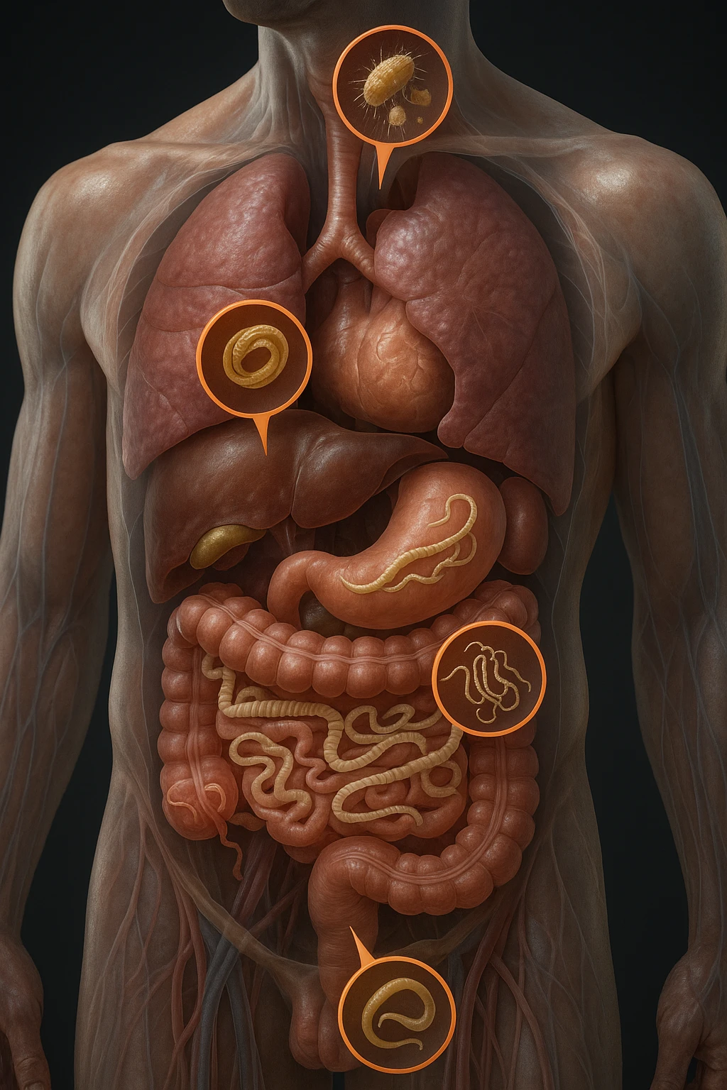 Vertical, hyper-realistic 3D cutaway illustration: the human body is shown in semi-transparent layers, exposing various types of parasites (tapeworms, roundworms, protozoa) inside the digestive tract and other organs. The parasites are rendered in vivid detail, with realistic lighting and shadows. Key areas of infection are highlighted emoji