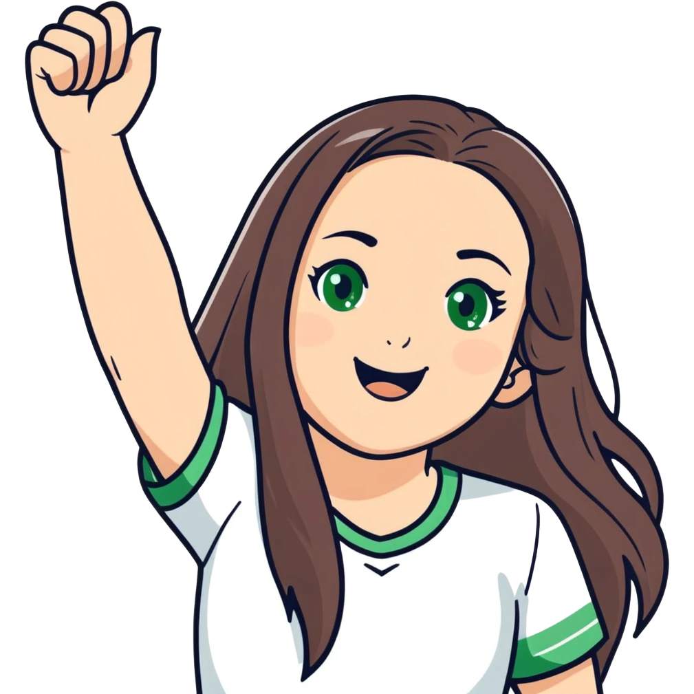 white girl, long brunette hair, green eyes rejoices in victory emoji