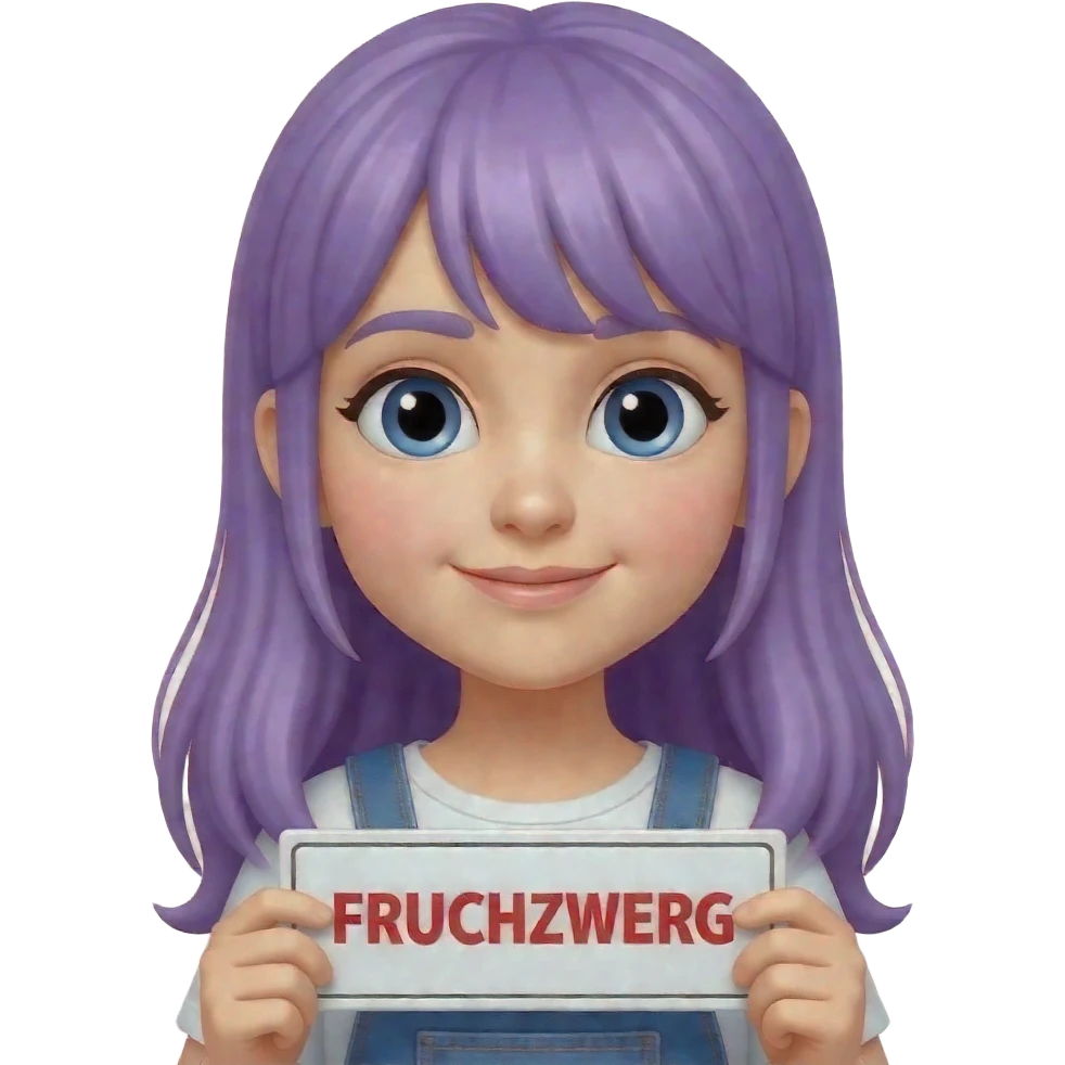 girl with long purple hair holding a SIZE is relative to me... I'm more of a FRUCHTZWERG sign emoji