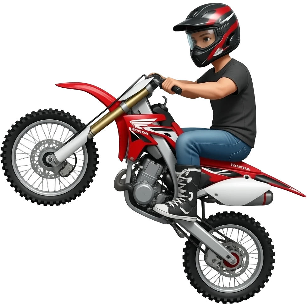 Man doing wheelie on red black and white honda ofroad motorcycle emoji