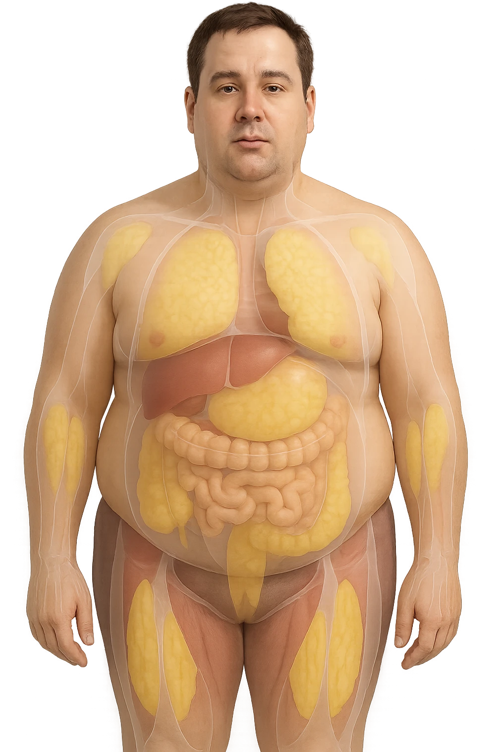 an adult man with a visibly overweight physique stands in a clinical setting. Semi-transparent overlays highlight areas of fat accumulation, especially around the abdomen, chest, and thighs. The fat tissue is shown in yellow, contrasting with underlying muscles and organs. The background is clean and modern, emphasizing the educational aspect. senza scritte emoji