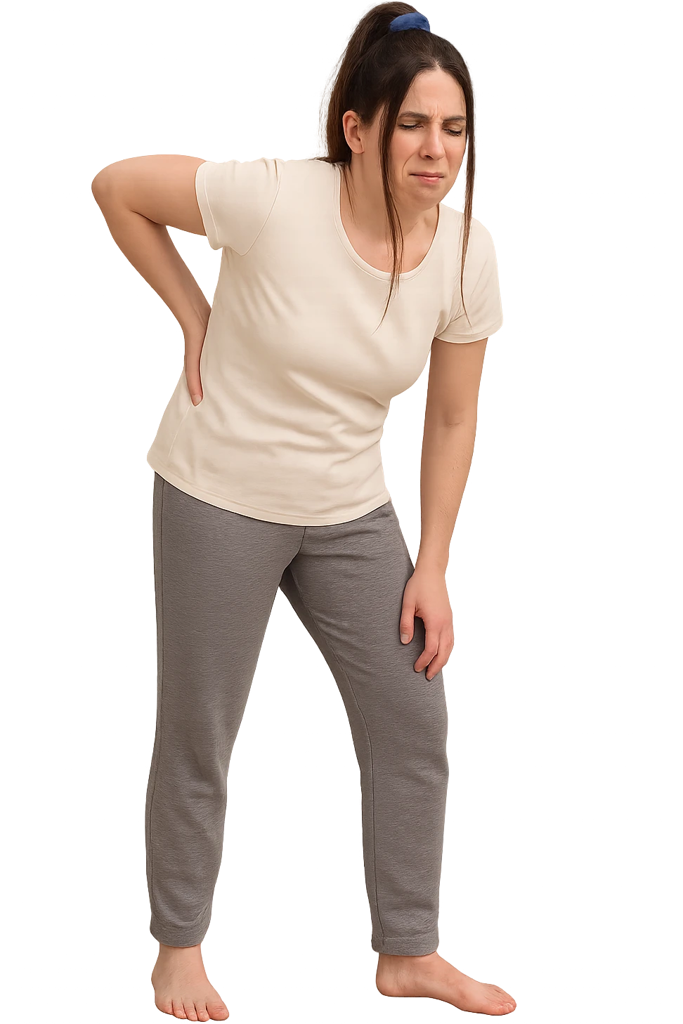 a woman in her 30s  holding her lower back with a pained expression. Subtle visual cues, like uneven shoulders or hips, hint at postural asymmetry. symbolizing chronic pain over the years. vista anatomicamente non farla troppo grassa emoji