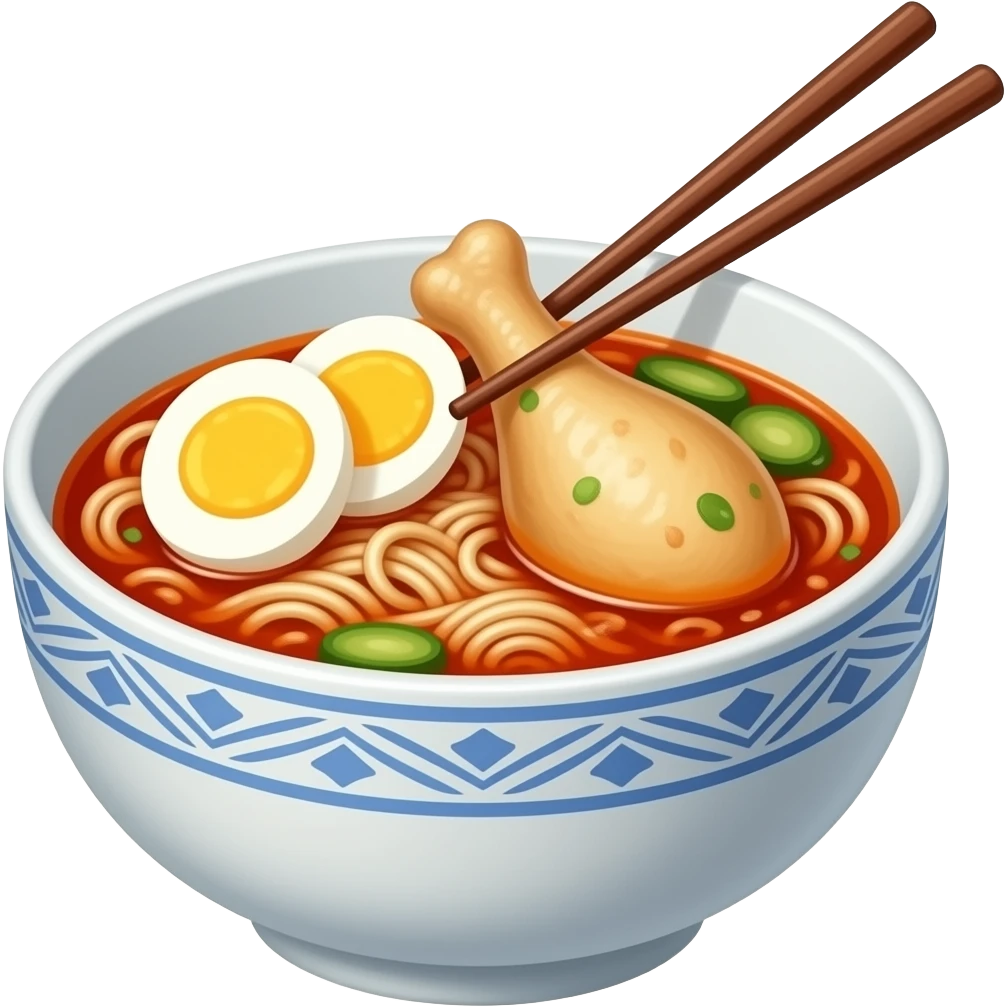 Spicy chicken Noodles in a cup with chopsticks and eggs emoji