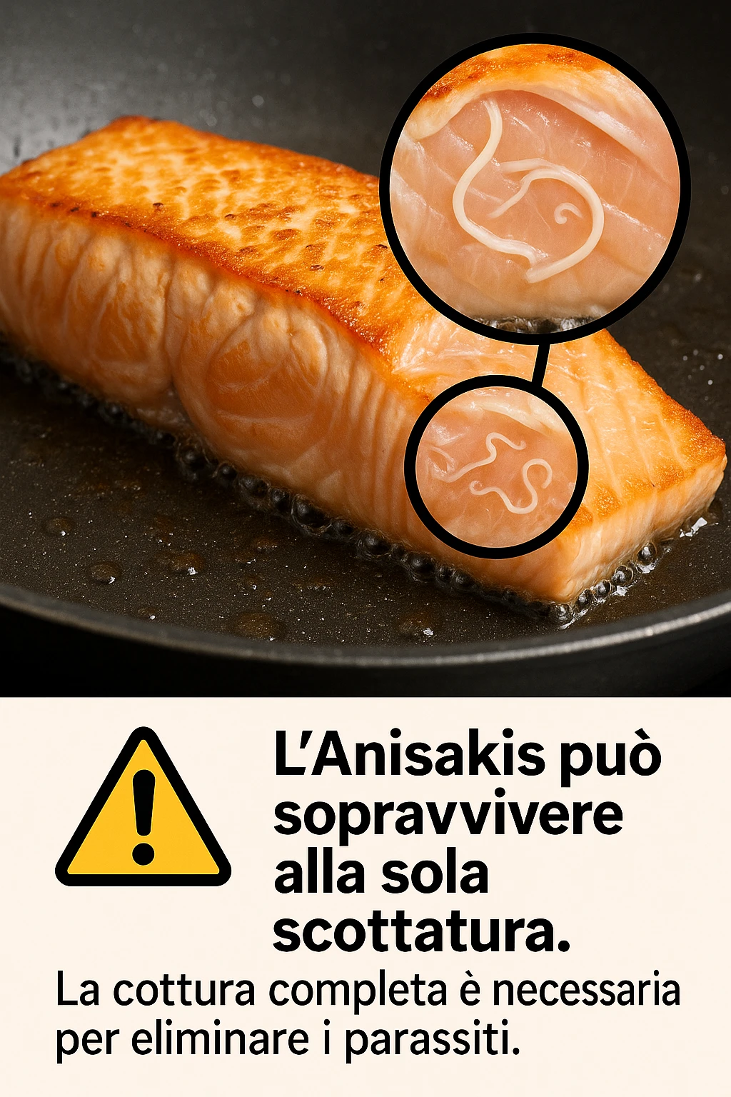 a close-up of a salmon fillet being lightly seared in a hot pan, with the outer layer cooked but the inside still raw. An inset magnifies the interior, showing visible Anisakis parasites surviving in the uncooked portion. A warning icon and educational text explain that searing alone may not eliminate all parasites. in italiano emoji