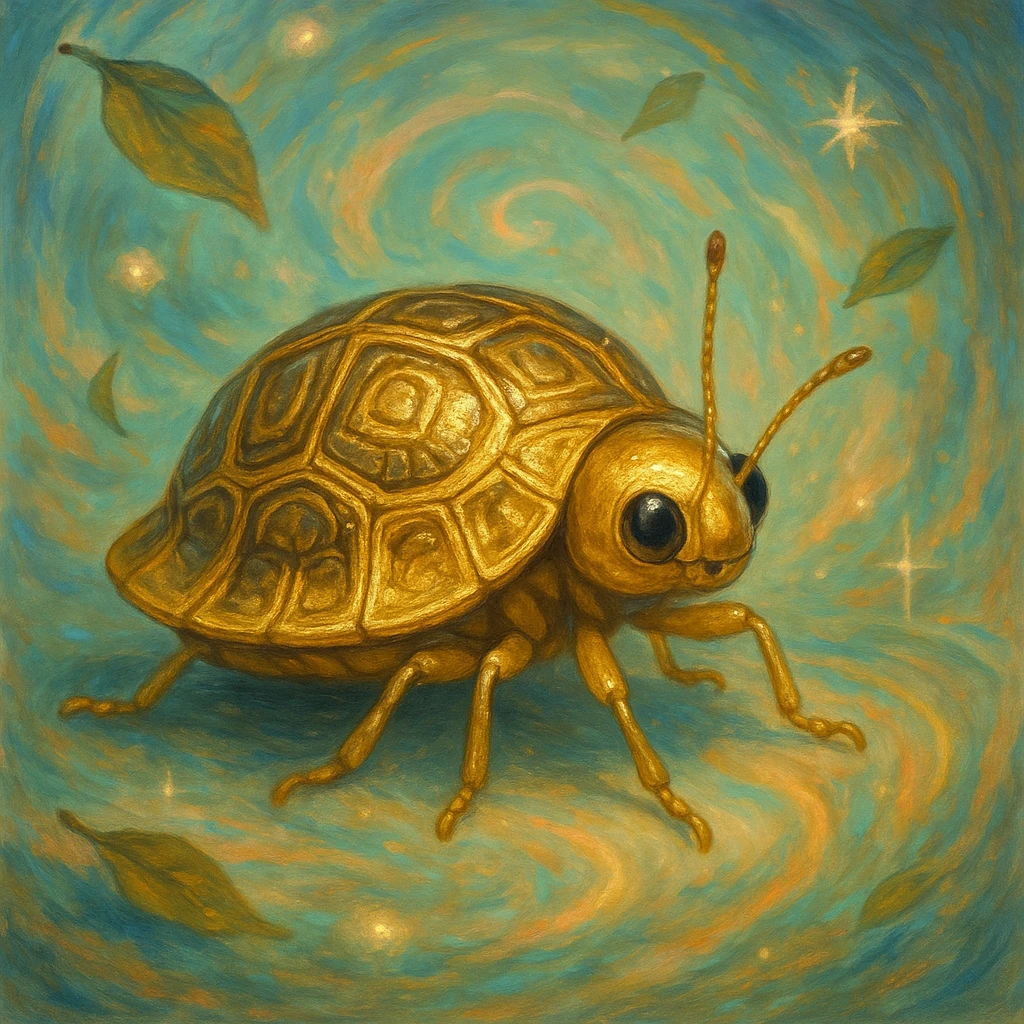 Golden Tortoise Beetle with a tortoise shell-like carapace, whimsical and imaginative surreal art style emoji