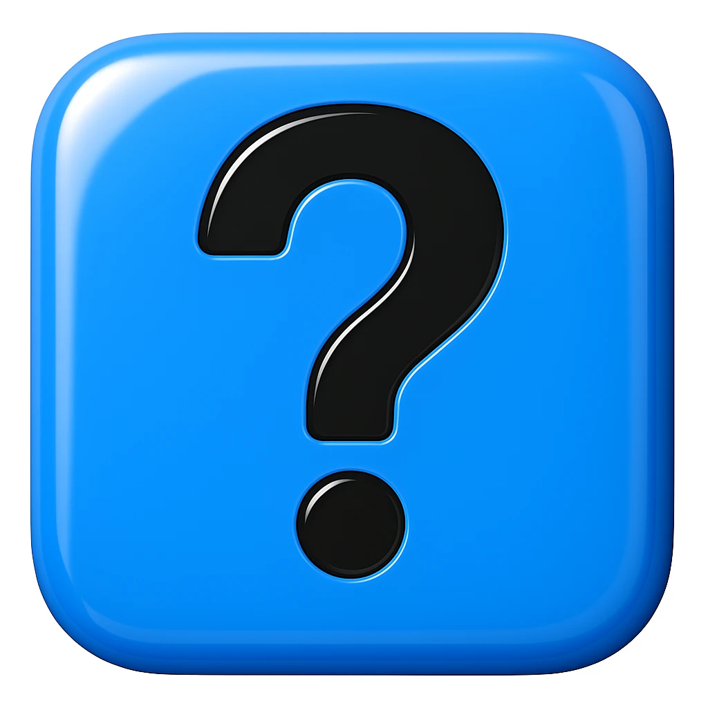 A 2D blue square with a black question mark, add a glossy shine effect, in emoji style. emoji