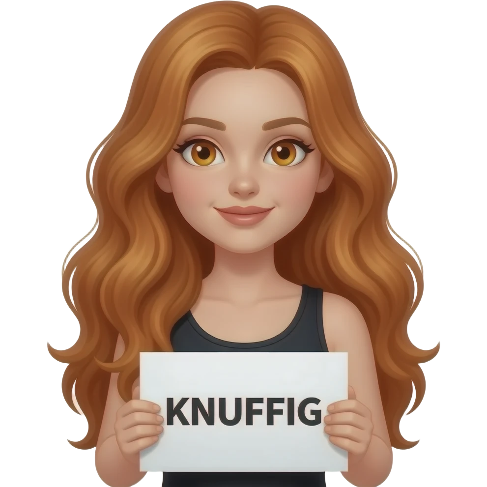 sexy girl with long wavy ginger hair and ginger eyes wearing a black tanktop is holding a white sign with KNUFFIG written on it emoji