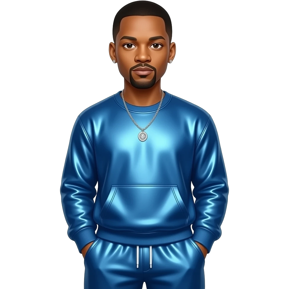 Will Smith with dark brown eyes, black hair, blue metallic sweatshirt, blue metallic baggy sweatpants, necklace and short earrings emoji