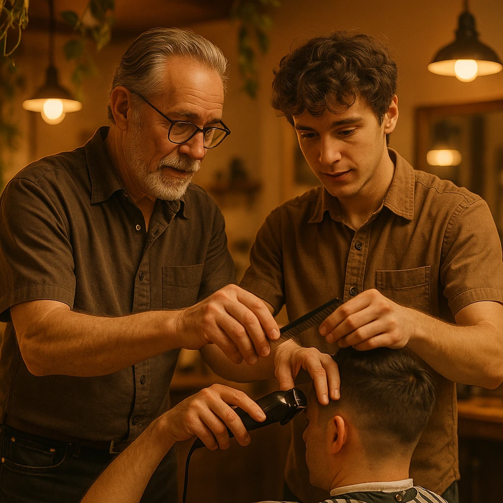 Inside a cozy barbershop with soft lighting, an experienced barber gently teaches his apprentice, guiding his hands as they cut hair together. The room is filled with warmth, plants hanging from the ceiling, and the hum of clippers emoji