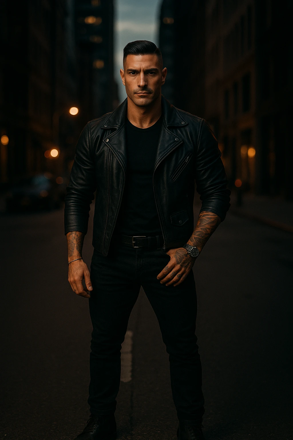 A confident, strong man standing in the middle of a city street at dusk, wearing a black leather jacket and boots, sharp jawline, intense gaze. Radiating masculine energy. Cinematic lighting, moody urban background, dramatic shadows, shallow depth of field. 35mm film style emoji