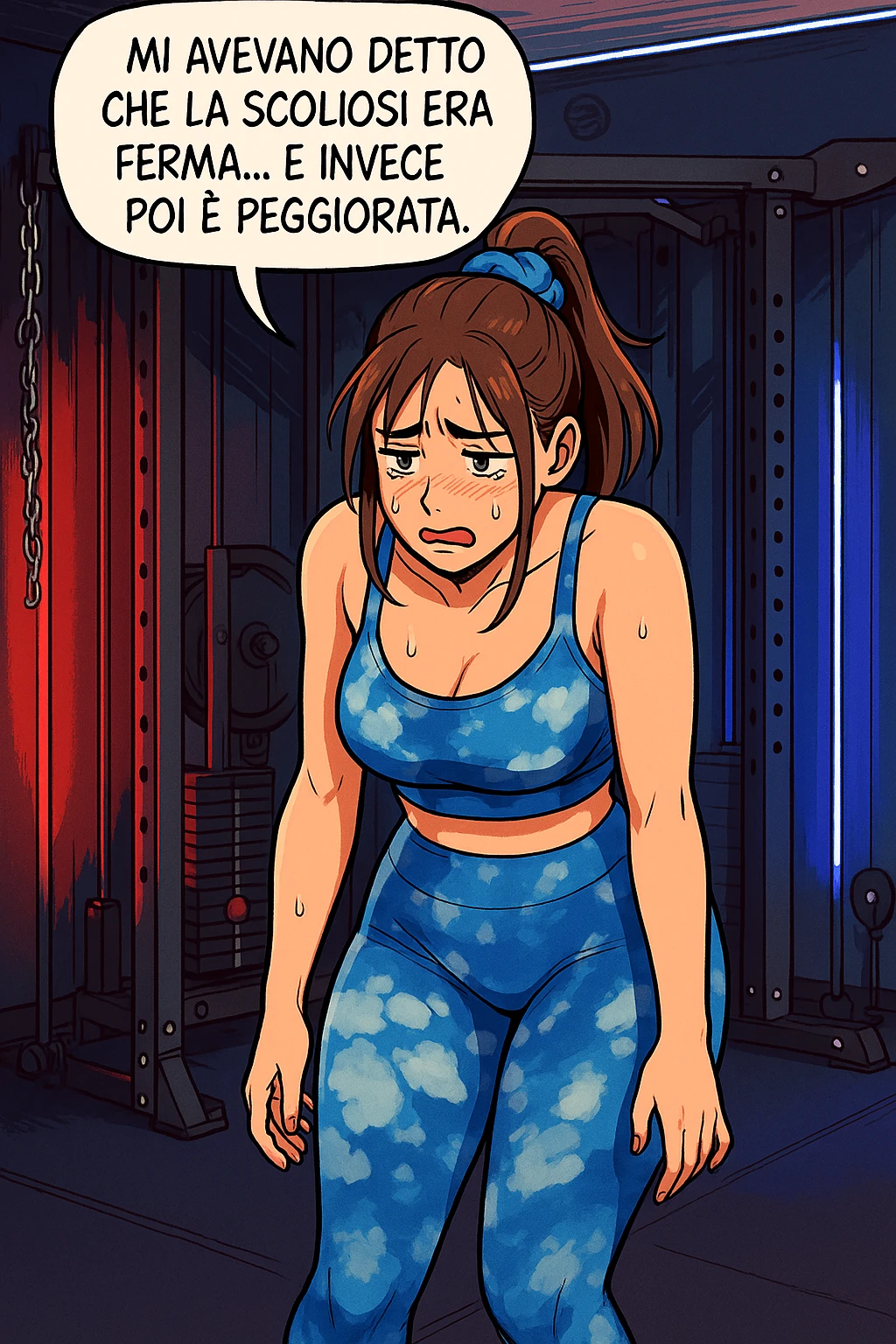 fai questa immagine in versione fumetto/manga/webtoon a colori, il manga mostra la donna disperata con un fumetto sulla testa che dice:
Mi avevano detto che la scoliosi era ferma… e invece poi è peggiorata.
 emoji