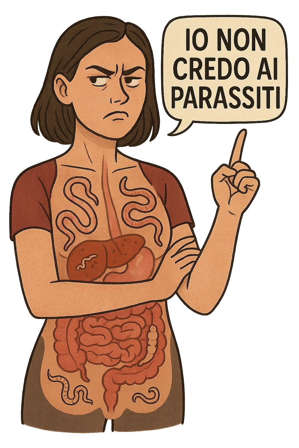 Donna con parassiti nel corpo che dice "Io non credo ai parassiti" emoji