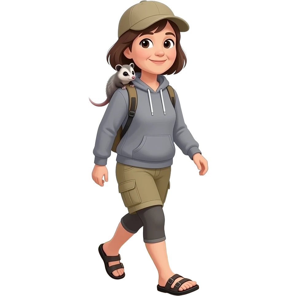 58 year old woman, shoulder length dark brown hair with narrow streaks of silver, wearing a pullover hoodie, past the knee capri cargo shorts, wearing birkenstocks with no socks, with a cute opossum on her shoulder, walking on a hiking trail emoji