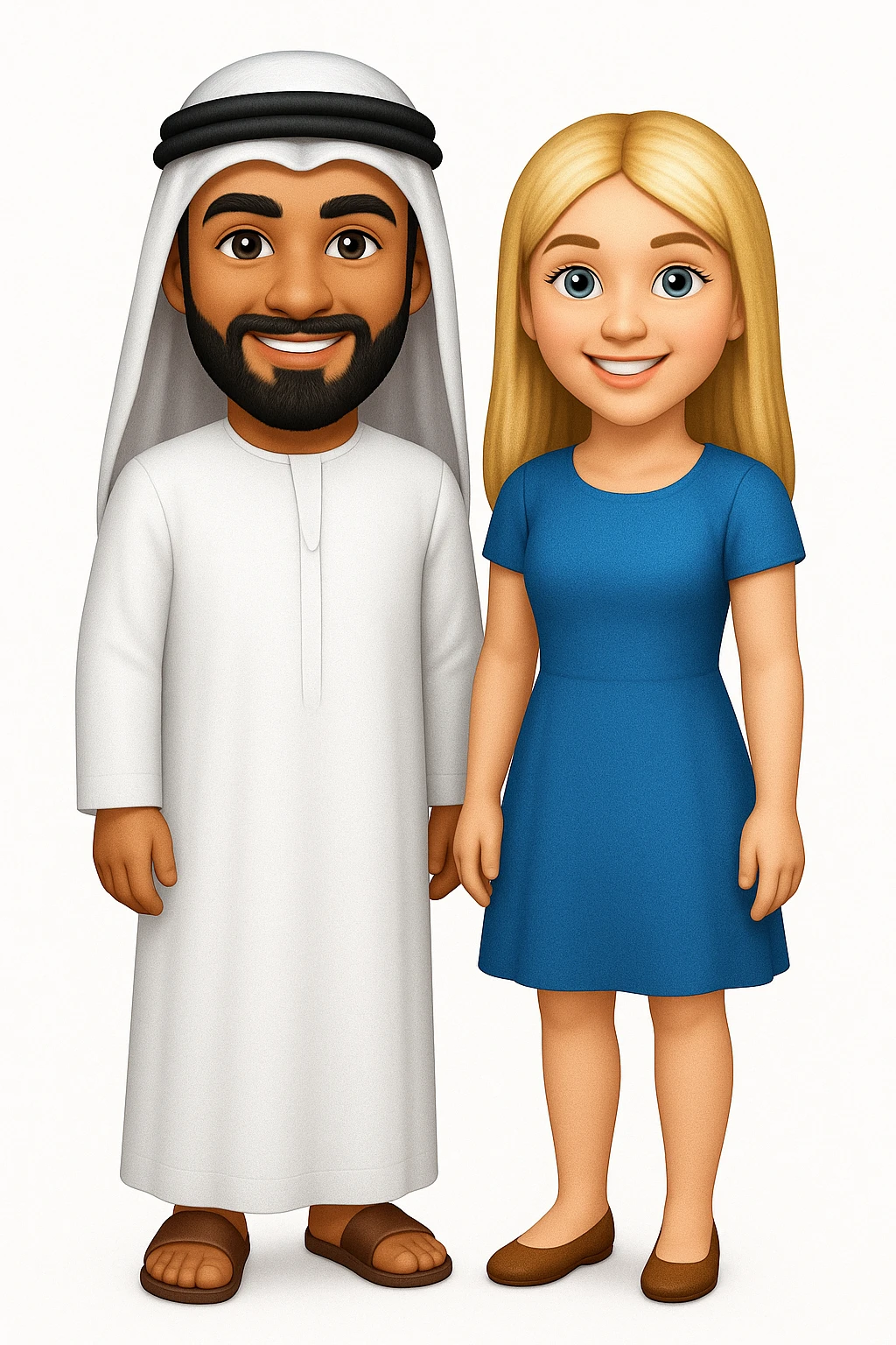 Сгенерируй мне в стиле детализированного емодзи пару, где мужчина с черной бородой и в арабском одеянии и чуть со смуглой кожей, а девушка чистая славянка, блондинка. В ПОЛНЫЙ РОСТ ОНИ И НЕ КАСАЮТСЯ КРАЕВ ИЗОБРАЖЕНИЯ emoji