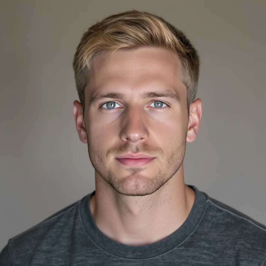 realistic illustration of a guy with dark blonde hair and blue eyes, soft lighting, neutral background emoji