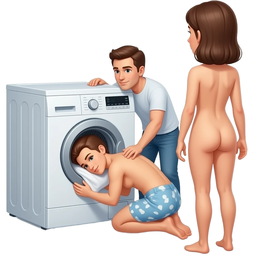 Un homme derrière une femme qui c'est bloqué juste la tête dans une machine a laver et le reste du corps devant la machine a laver que la femme face un 180 defres et que l'hommeet tout nue deriere la femme emoji