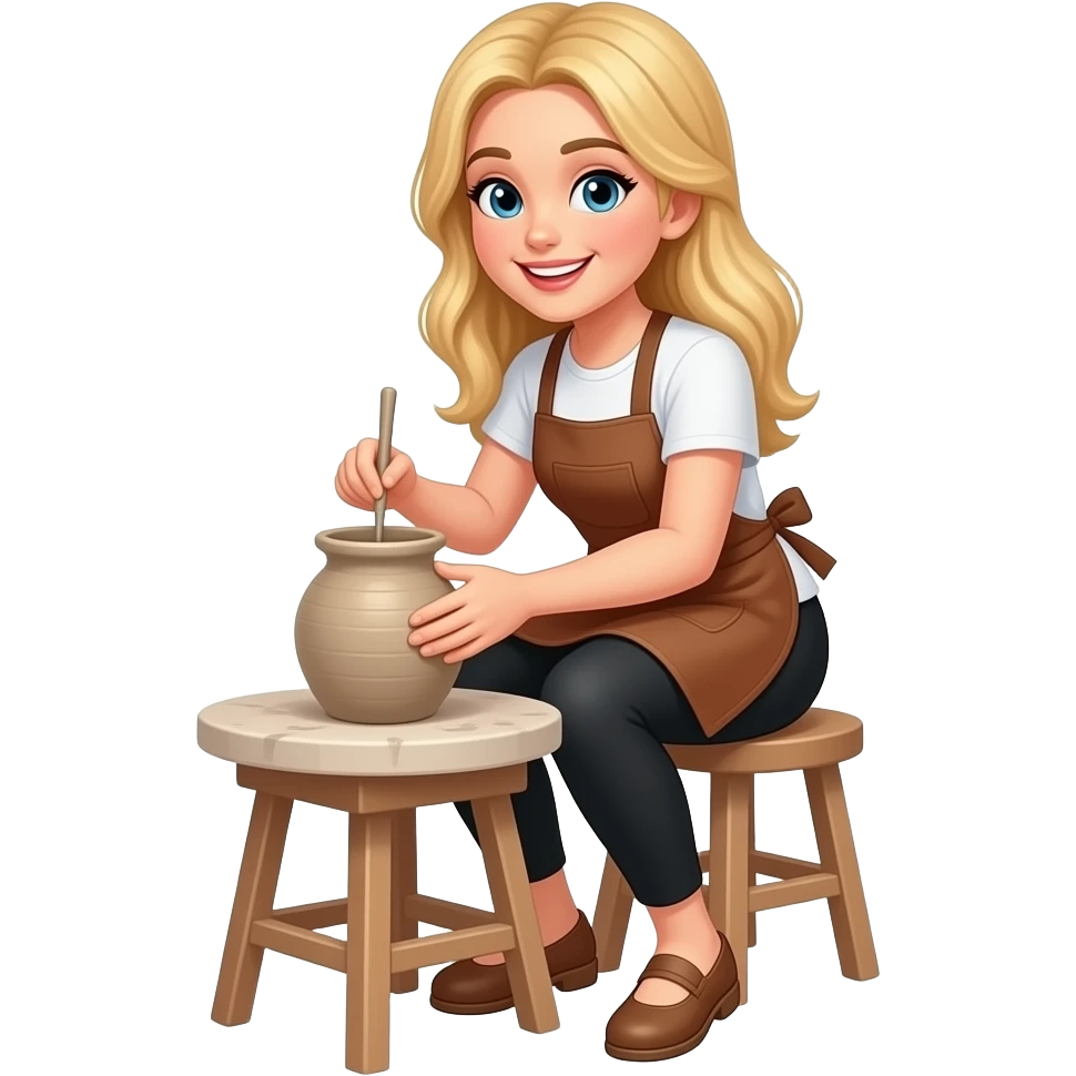 Simpel emoji, Blond long hair female, in white t-shirts, black thighs and brown apron doing pottery, happy emoji