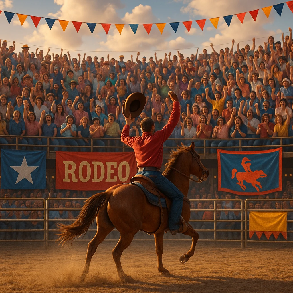 rodeo arena with cheering audience, banners, and a cowboy waving hat, festive atmosphere emoji