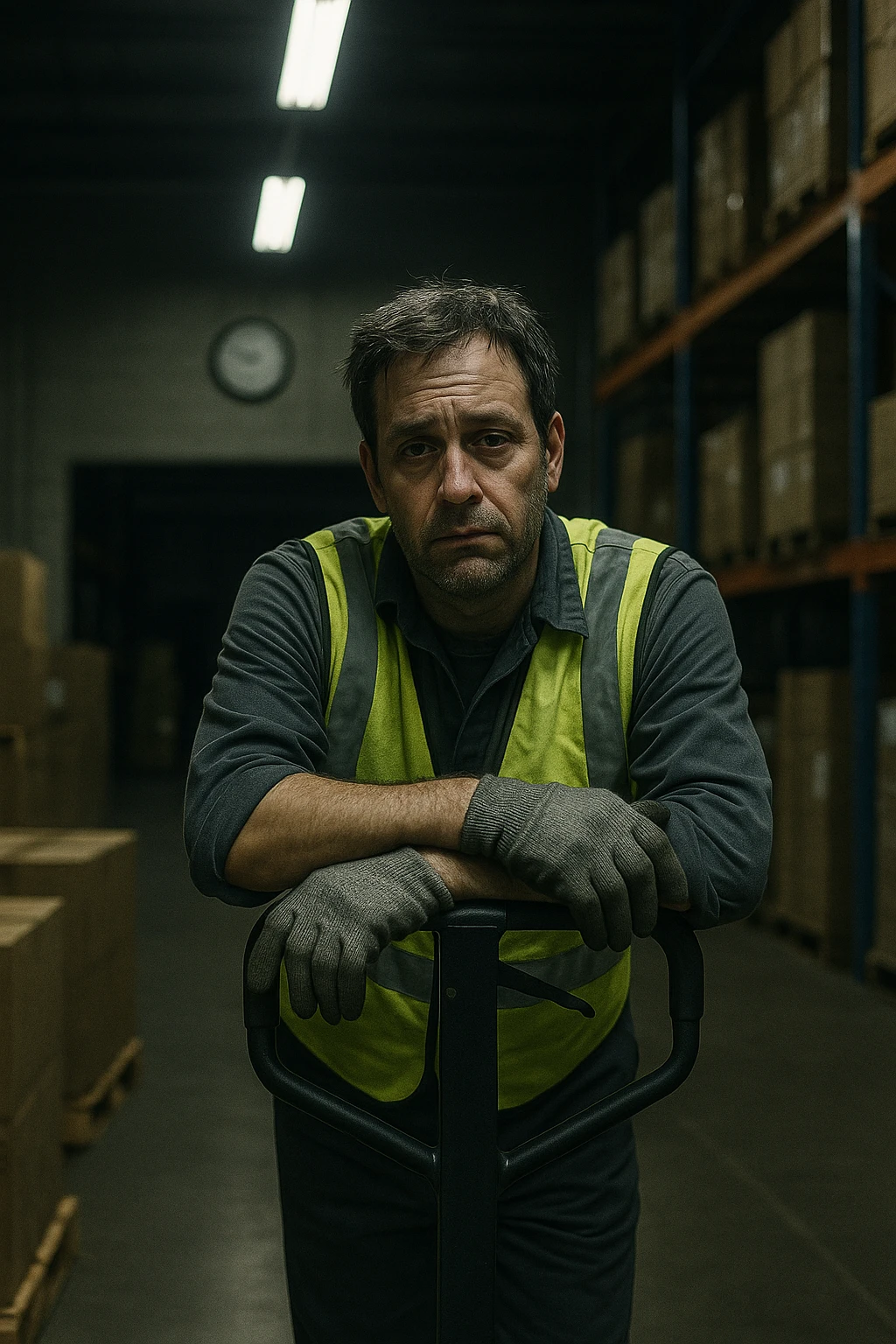a tired warehouse worker in his 40s, wearing a reflective vest and work gloves, stands under harsh fluorescent lights in a large, dimly lit warehouse. He leans on a pallet jack, eyes heavy with fatigue and dark circles under them. Stacks of boxes and shelves loom in the background, and a wall clock shows it’s the middle of the night. The mood is somber and empathetic. emoji