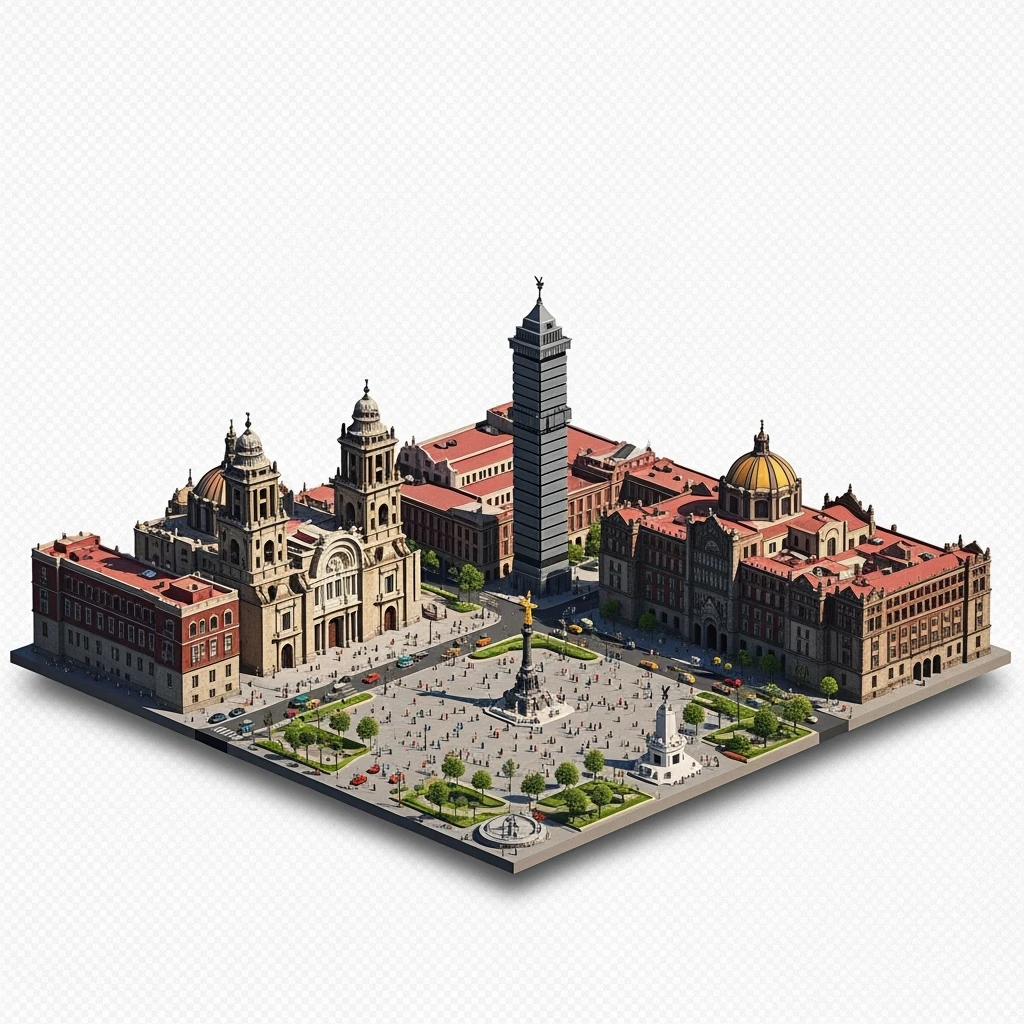 Isometric miniature of Mexico City Zócalo square with Metropolitan Cathedral, Palacio de Bellas Artes, Torre Latinoamericana, Chapultepec Castle, and Angel of Independence, atmosphere of the city 3D miniature effect and Tilt Shift effect, no cartoonish look, transparent background. emoji