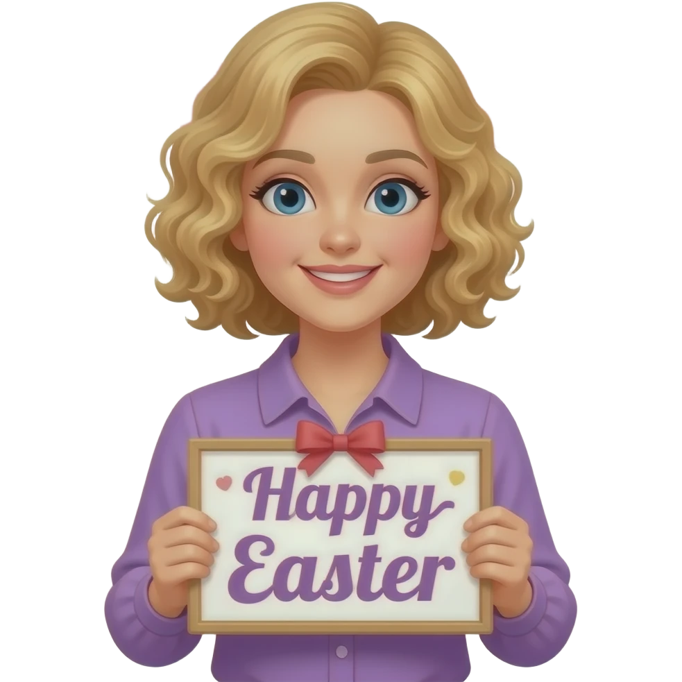 blonde tight curly hair in a short bob holding happy Easter with a purple Easter blouse and banner behind and easter eggs emoji