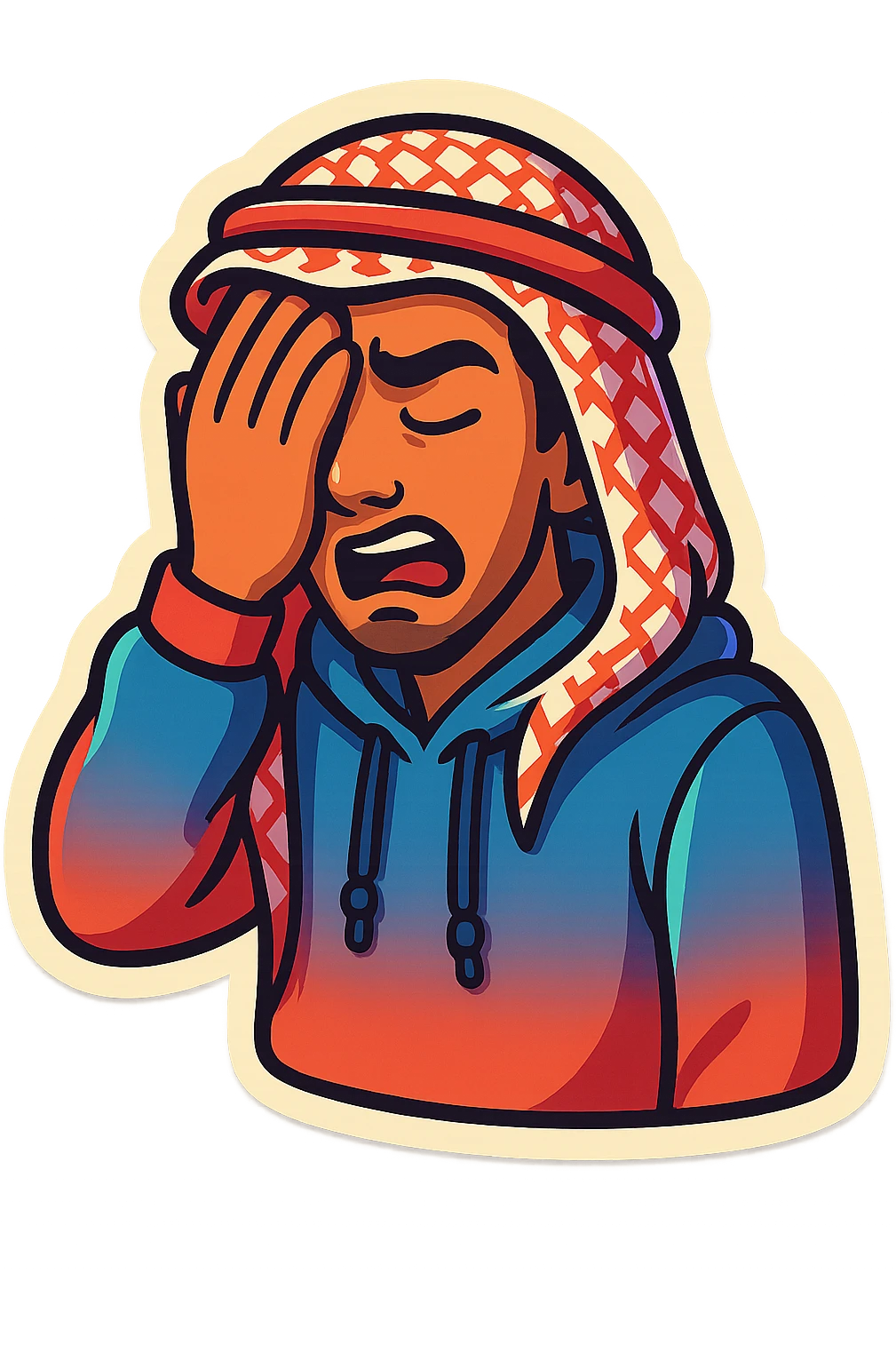 cartoonish, bold, vibrant emoji-style sticker of Ara, an Arab young man with medium brown skin, black hair, wearing casual urban Middle Eastern streetwear like a keffiyeh scarf or hoodie, facepalming with exaggerated expression emoji