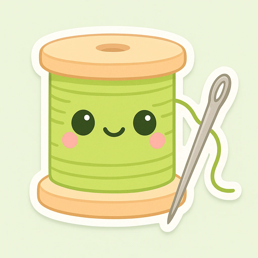 Add a sewing needle next to the lime green spool of thread. Keep the style cute and friendly, consistent with chibi stickers style. emoji
