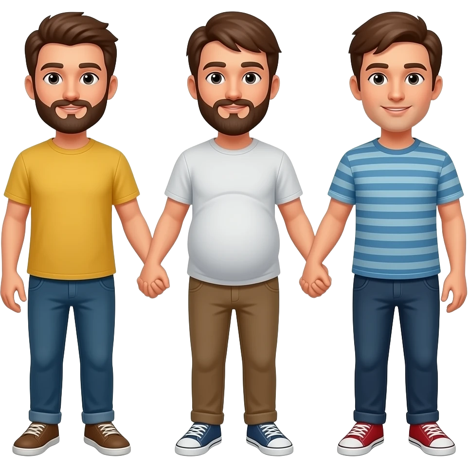three men holding hands, all with brown hair, two have beard, one is pregnant emoji