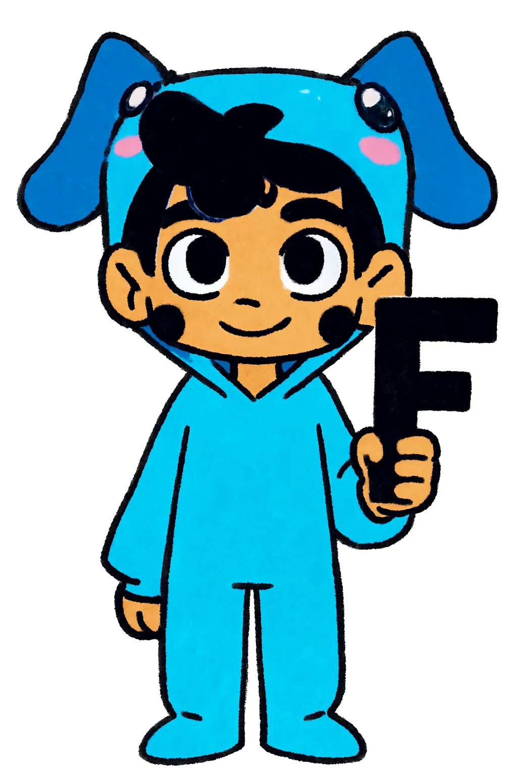 Add a bold black letter F in the character's right hand, keeping the original style and pose intact. Only add the letter, do not change anything else. emoji