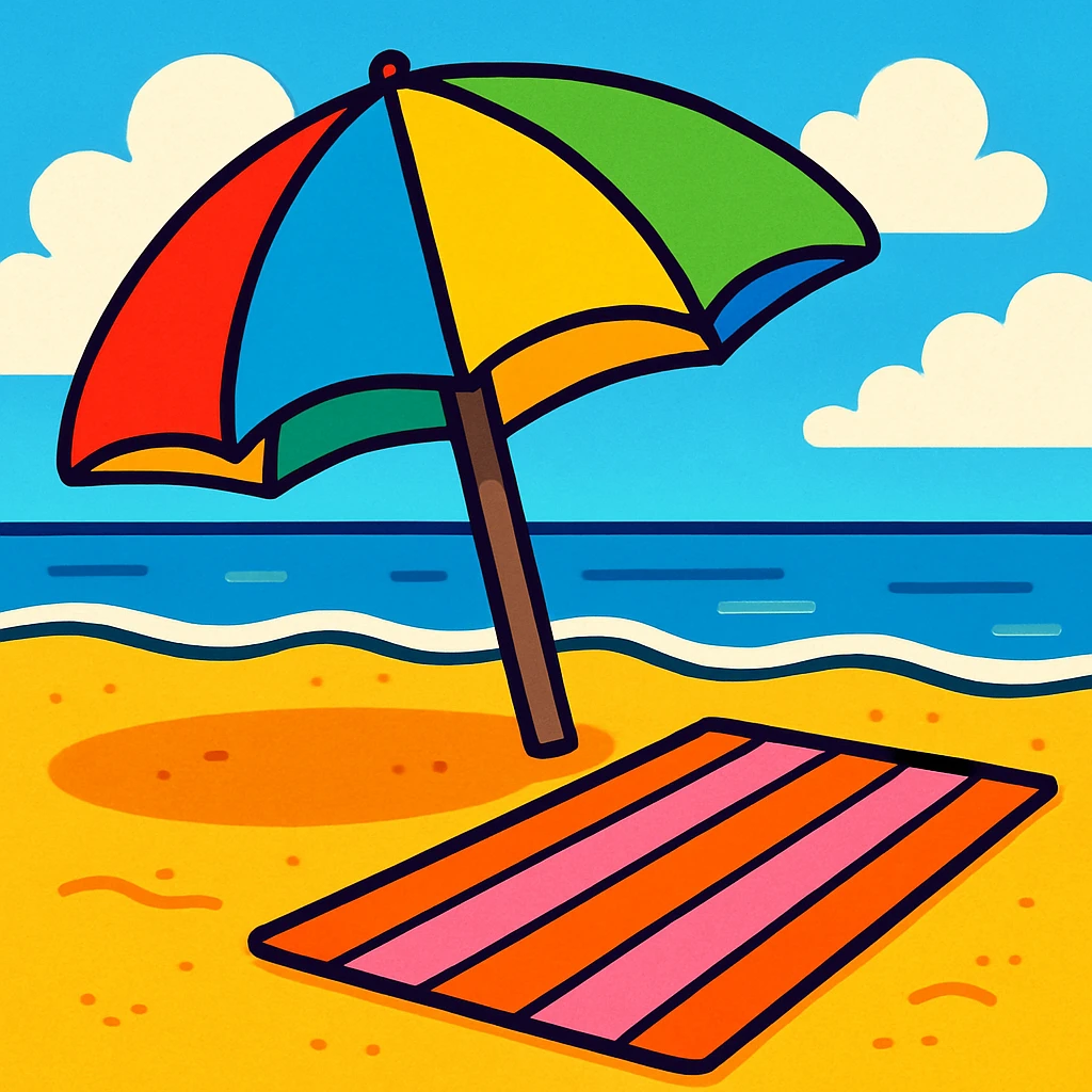 colorful beach umbrella and towel on sand, bright and cheerful style emoji